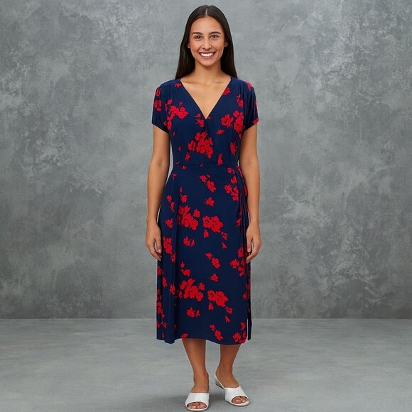 Womens Wrap Dress Red Floral Navy Midi V Neck Cottagecore Soft Girl Preppy M - Picture 3 of 8
